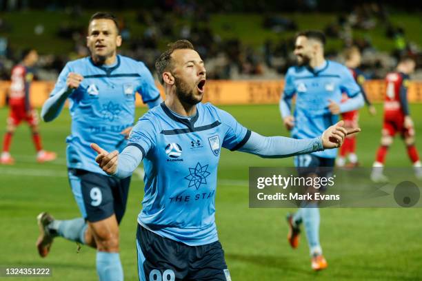 Adam Le Fondre of Sydney FC celebrates a goal from the penalty spot during the A-League Semi-Final match between Sydney FC and Adelaide United at...