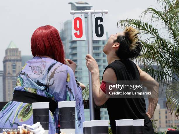 Mimi Imfurst attends Nathans Famous Hot dog eating contest as Takeru Kobayashi challenges contestants via satellite at 230 Fifth Avenue on July 4,...