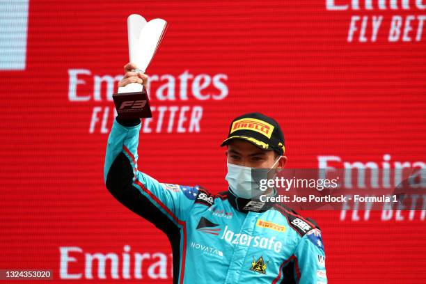 Third placed Calan Williams of Australia and Jenzer Motorsport celebrates on the podium during race 1 of Round 2:Le Castellet of the Formula 3...