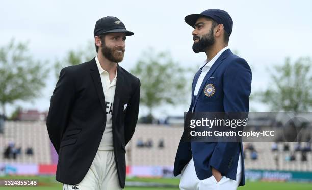 India captain Virat Kohli and New Zealand captain Kane Williamson speak ahead of Day 2 of the ICC World Test Championship Final between India and New...