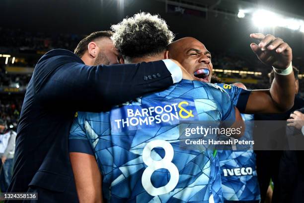 Mark Telea of the Blues celebrates with Hoskins Sotutu of the Blues after winning the Super Rugby Trans-Tasman Final match between the Blues and the...