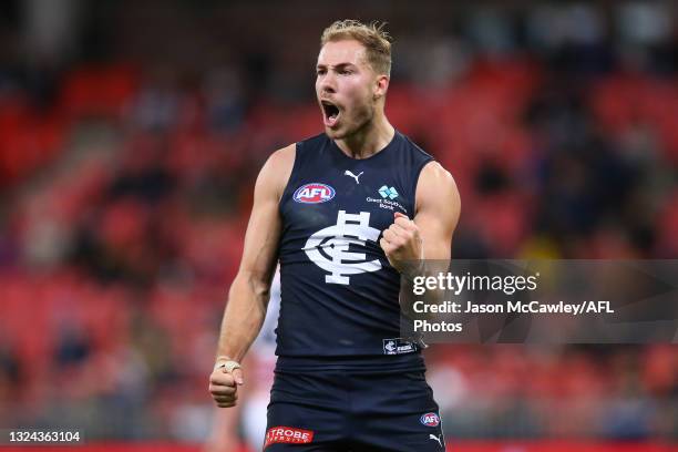 Harry McKay of the Blues celebrates kicking a goal during the round 14 AFL match between the Greater Western Sydney Giants and the Carlton Blues at...