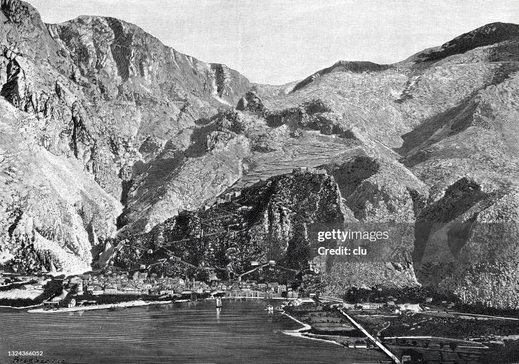 Bay of Kotor, east side, with the old mountain road to Kotor
