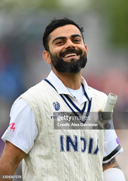 Virat Kohli of India walks off at lunch during Day 2 of the ICC World Test Championship Final between India and New Zealand at The Hampshire Bowl on...