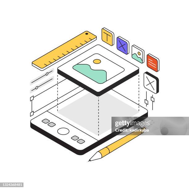 web design concept isometric web banner, three dimensional design for posters, covers and banners - drawn wireframes stock illustrations