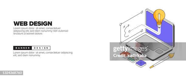web design concept isometric web banner, three dimensional design for posters, covers and banners - drawn wireframes stock illustrations