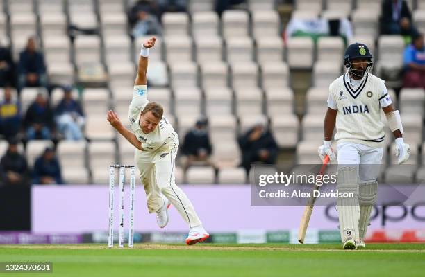 Neil Wagner of New Zealand bowls watched on by Cheteshwar Pujara of India during Day 2 of the ICC World Test Championship Final between India and New...