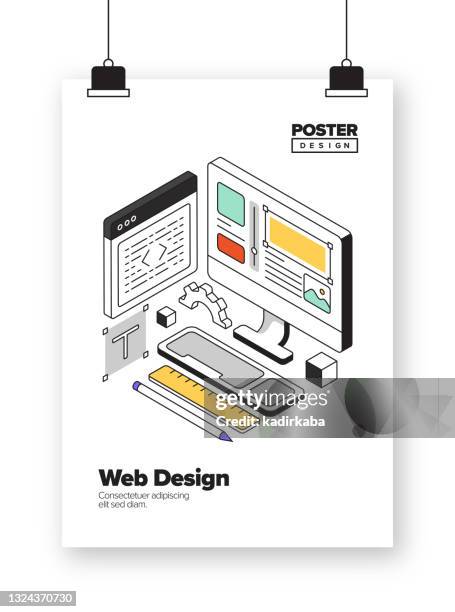 web design konzept isometrische web-banner, dreidimensionales design für poster, abdeckungen und banner - dimensions launch party stock-grafiken, -clipart, -cartoons und -symbole