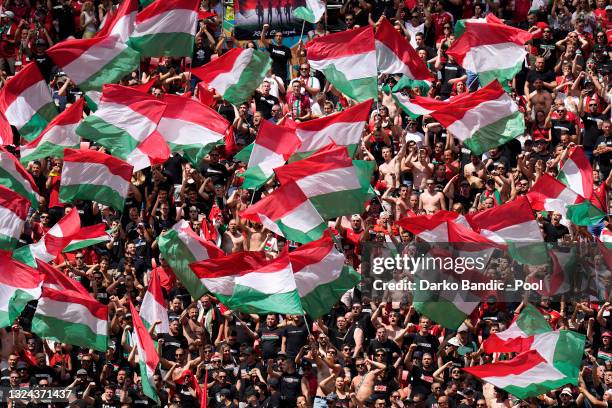 Hungary fans wave flags as they show their support prior to the UEFA Euro 2020 Championship Group F match between Hungary and France at Puskas Arena...