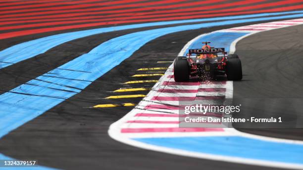 Max Verstappen of the Netherlands driving the Red Bull Racing RB16B Honda on track during qualifying ahead of the F1 Grand Prix of France at Circuit...