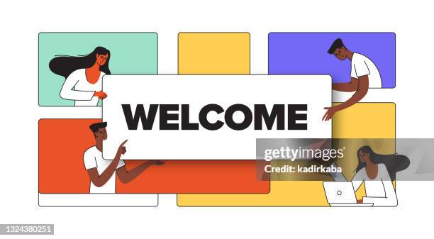 ilustraciones, imágenes clip art, dibujos animados e iconos de stock de bienvenida, ilustración de línea plana de concepto de burbuja de voz - welcome