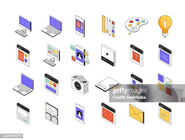 assessment isometric icon set and three dimensional design - app design line icons stock illustrations