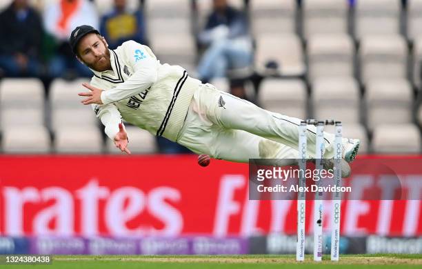 Kane Williamson of New Zealand attempts to run out Ajinkya Rahane of of India during Day 2 of the ICC World Test Championship Final between India and...