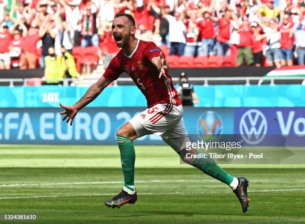 Attila Fiola of Hungary celebrates after scoring their side's first goal during the UEFA Euro 2020 Championship Group F match between Hungary and...