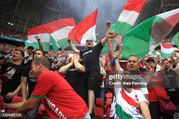 Fans of Hungary celebrate after their side's first goal scored by Attila Fiola of Hungary during the UEFA Euro 2020 Championship Group F match...