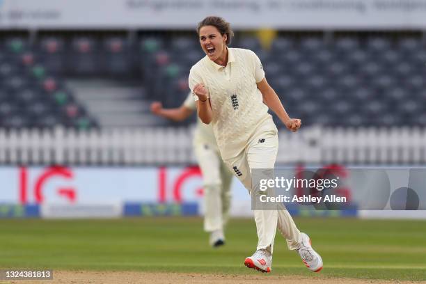 Natalie Sciver of England celebrates getting the wicket of India's Punam Raut on Day four of the LV= Insurance Test Match between England Women and...