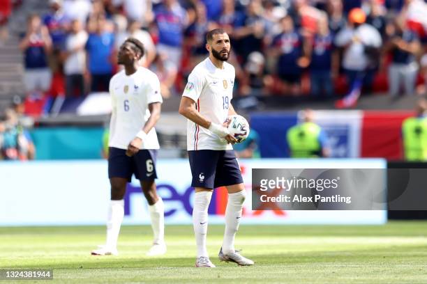 Karim Benzema of France looks dejected after Hungary's first goal scored by Attila Fiola during the UEFA Euro 2020 Championship Group F match between...