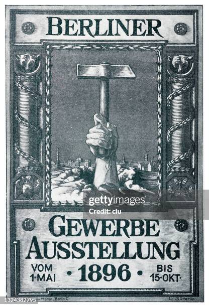 stockillustraties, clipart, cartoons en iconen met poster for industrial exhibition berlin, germany, 1896 - berlin historisch