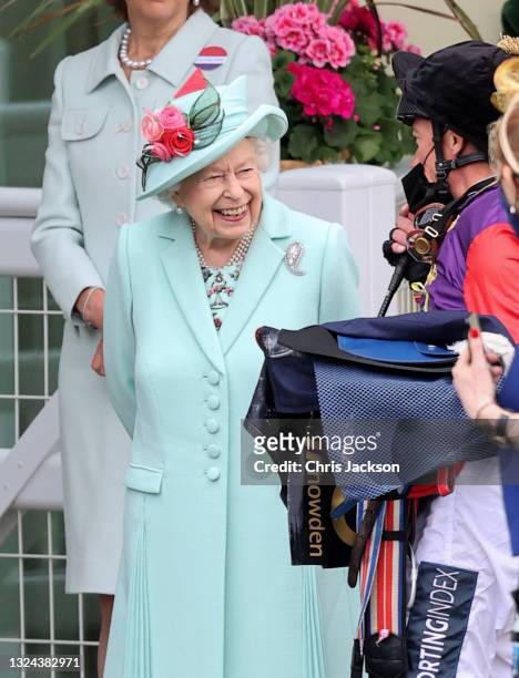 Queen Elizabeth II and Frankie Dettori during Royal Ascot 2021 at Ascot Racecourse on June 19, 2021 in Ascot, England.