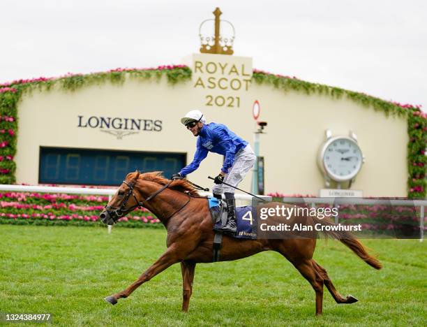 James Doyle riding Creative Force win The Jersey Stakes on Day Five of the Royal Ascot Meeting at Ascot Racecourse on June 19, 2021 in Ascot,...