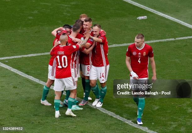 Players of Hungary celebrate after the UEFA Euro 2020 Championship Group F match between Hungary and France at Puskas Arena on June 19, 2021 in...