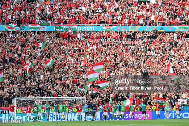 Hungary fans applaud the team following the UEFA Euro 2020 Championship Group F match between Hungary and France at Puskas Arena on June 19, 2021 in...