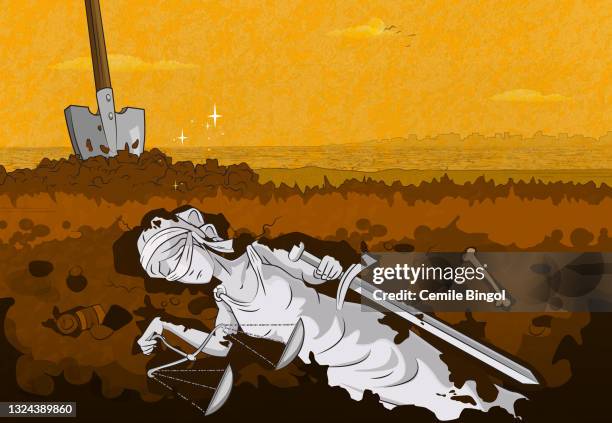 the lady justice statue under the ground - broken scale stock illustrations