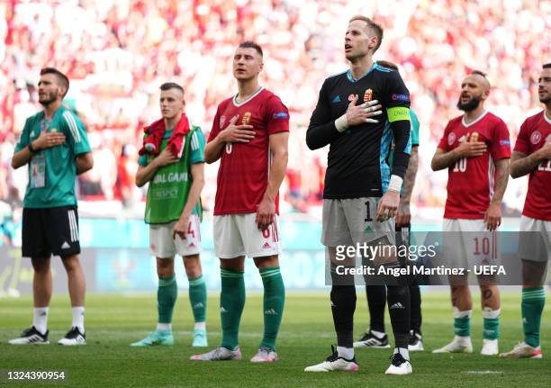 Willi Orban and Peter Gulacsi of Hungary acknowledge the fans after the UEFA Euro 2020 Championship Group F match between Hungary and France at...