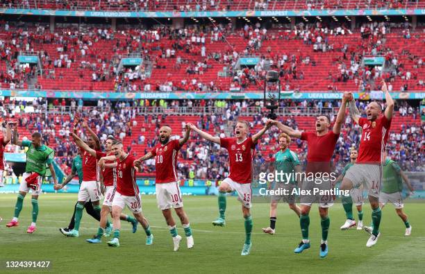 Roland Sallai, Tamas Cseri, Andras Schaefer, Nemanja Nikolic and Gergo Lovrencsics of Hungary celebrate in front of the fans following the UEFA Euro...