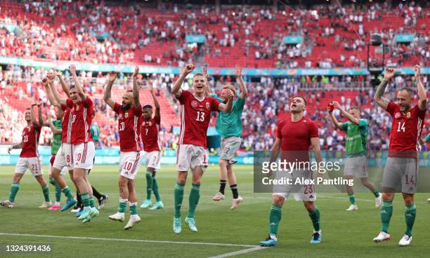 Roland Sallai, Tamas Cseri, Andras Schaefer, Nemanja Nikolic and Gergo Lovrencsics of Hungary celebrate in front of the fans following the UEFA Euro...