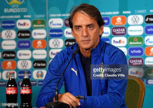 Head coach Italy Roberto Mancini speaks with the media during the Italy press conference ahead of the UEFA Euro 2020 Group A match between Italy and...