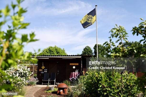 View of a garden plot of a fan of Dortmund during the UEFA EURO 2020 match between Germany and Portugal at garden plot Hohe Birk on June 19, 2021 in...