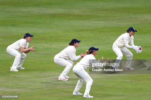 England's close-in catchers, Amy Jones, Heather Knight, Natalie Sciver, and Lauren Winfield-Hill in action on Day four of the LV= Insurance Test...