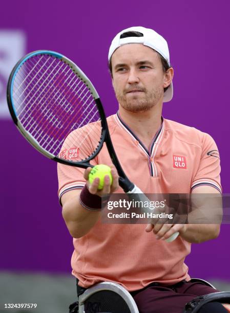 Gordon Reid of Great Britain serves during his Semi-final match against Tom Egberink of Neatherlands during Day 6 of The cinch Championships at The...