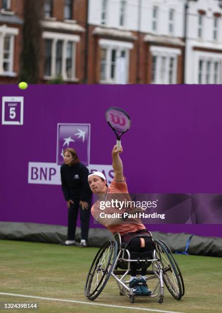 Gordon Reid of Great Britain serves during his Semi-final match against Tom Egberink of Neatherlands during Day 6 of The cinch Championships at The...