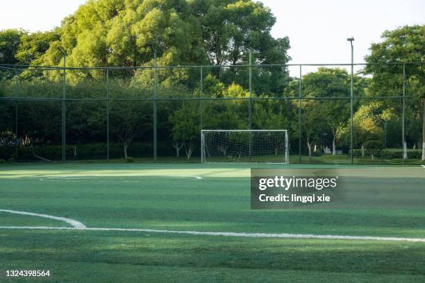 amateur football field surrounded by green trees - football pitch corner stock pictures, royalty-free photos & images