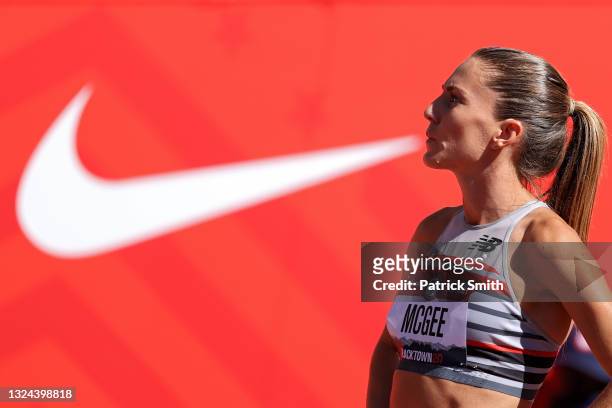 Cory McGee prepares to compete in the first round of the Women's 1500 Meter during day one of the 2020 U.S. Olympic Track & Field Team Trials at...