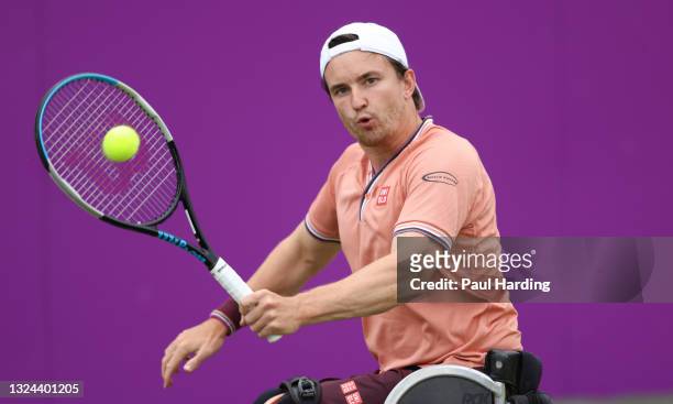 Gordon Reid of Great Britain in action during his Semi-final match against Tom Egberink of Netherlands during Day 6 of The cinch Championships at The...