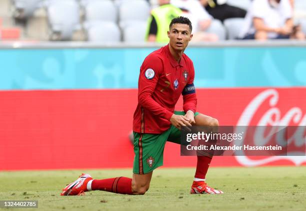 Cristiano Ronaldo of Portugal reacts during the UEFA Euro 2020 Championship Group F match between Portugal and Germany at Football Arena Munich on...