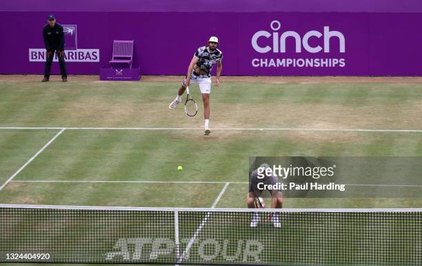 Reilly Opelka of USA, playing partner of John Peers of Australia during their Semi-final match against Alex de Minaur of Australia and Cameron Norrie...
