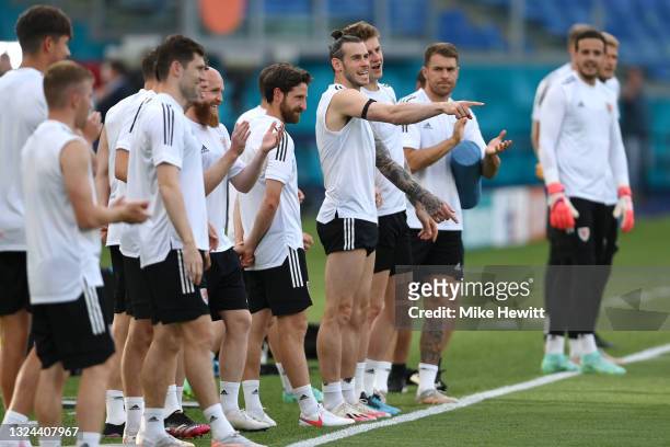 Gareth Bale of Wales reacts with team mates during the Wales Training Session ahead of the UEFA Euro 2020 Group A match between Italy and Wales at...