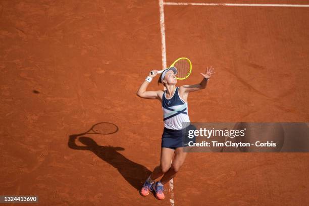 June 12. Barbora Krejcikova of the Czech Republic in action against Anastasia Pavlyuchenkova of Russia on Court Philippe-Chatrier during the final of...