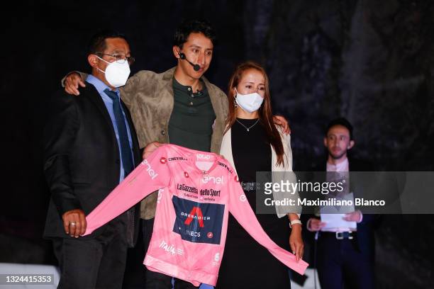Pro cyclist Egan Bernal of Colombia and Team Ineos poses with his parents Germán Bernal and Flor Gómez as he returns home to Colombia after winning...