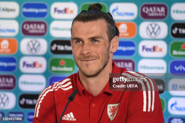 In this handout picture provided by UEFA , Gareth Bale of Wales speaks to the media during the Wales Press Conference ahead of the UEFA Euro 2020...
