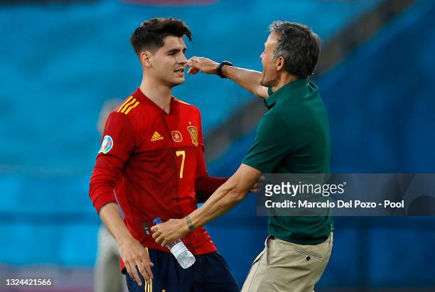 Alvaro Morata of Spain celebrates with Luis Enrique, Head Coach of Spain after scoring their side's first goal during the UEFA Euro 2020 Championship...