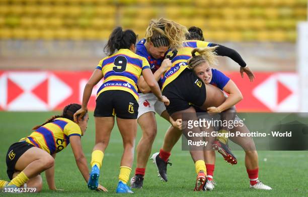 Players of Colombia Women's National team Camila Lopera and Carmen Ibarra in action against players of France Women's National Team during day two of...