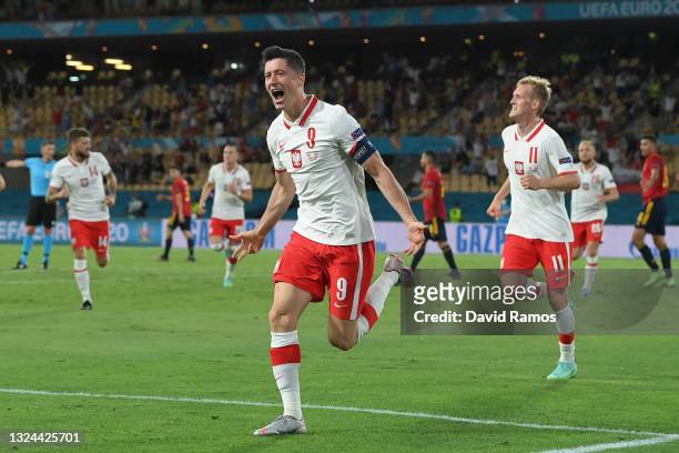 Robert Lewandowski of Poland celebrates after scoring their side's first goal during the UEFA Euro 2020 Championship Group E match between Spain and...