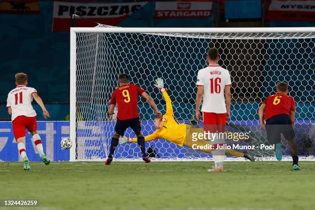 Gerard Moreno of Spain hits the post from a penalty during the UEFA Euro 2020 Championship Group E match between Spain and Poland at Estadio La...