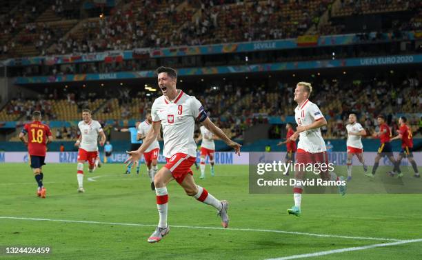 Robert Lewandowski of Poland celebrates after scoring their side's first goal during the UEFA Euro 2020 Championship Group E match between Spain and...