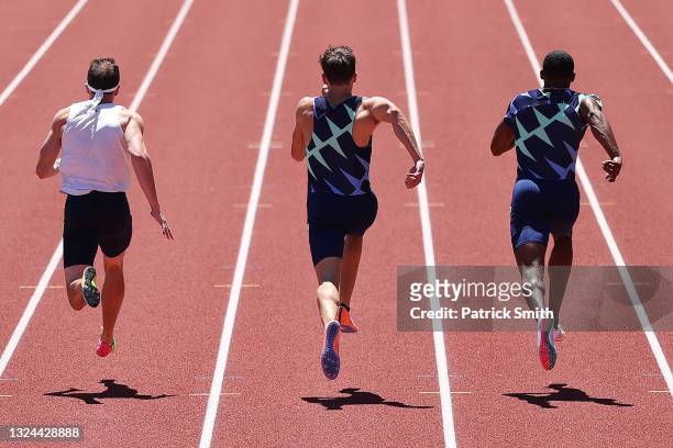 Samuel Black, Solomon Simmons and Devon Williams compete in the Men's Decathlon 100 Meters on day 2 of the 2020 U.S. Olympic Track & Field Team...